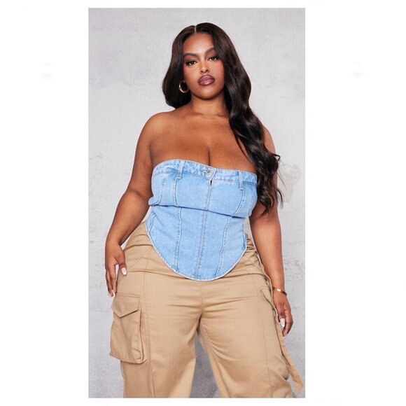 PrettyLittleThing Tops - PrettyLittleThing Plus Blue Wash Jean Waistband Denim Corset Top Size 24 US